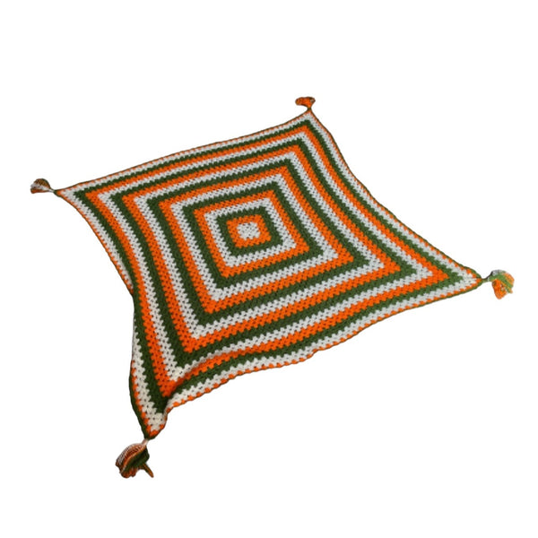 Vintage Crochet Afghan Blanket 64" x 55" Handmade Throw Quilt White Orange Green Retro 70's
