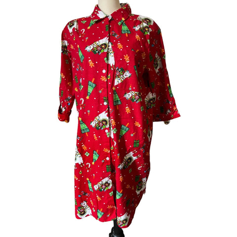 Cozee Corner Red Flannel Christmas Llama Gingerbread Night Gown Sz 1X Womens 3/4 Sleeve Button Up