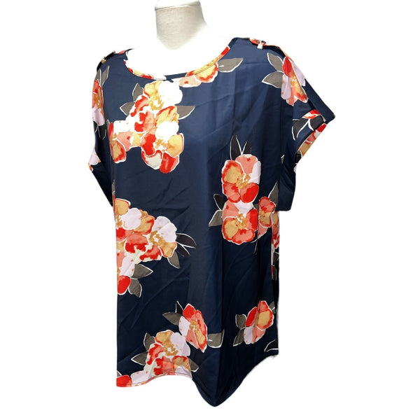 BloomChic NWT Floral Printed Roll Tab Sleeve Blouse Sz L (12) Womens Navy Blue & Coral Top Career Casual