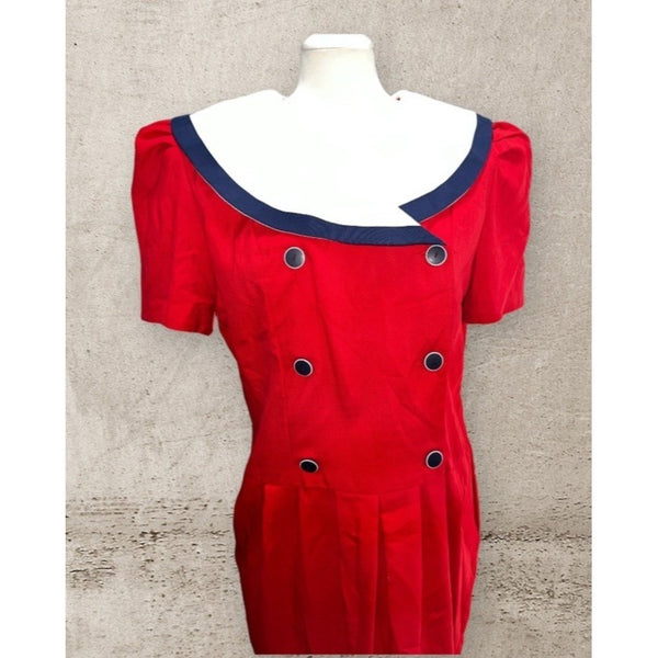 Vintage Eighties Wide Collared Double Button Front Short Sleeve Midi Dress Sz 12 (unsized) Womens Red & Navy Pockets