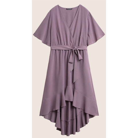 BloomChic NWT Bloom Dress Sz 12 Womens Plum Purple Solid Tie Surplice Ruffle High Low Dress