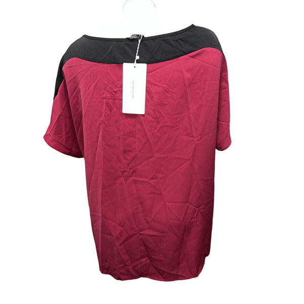 BloomChic NWT Round Neck Color Block Short Sleeve Blouse Sz L (12) Womens Burgundy Casual Career