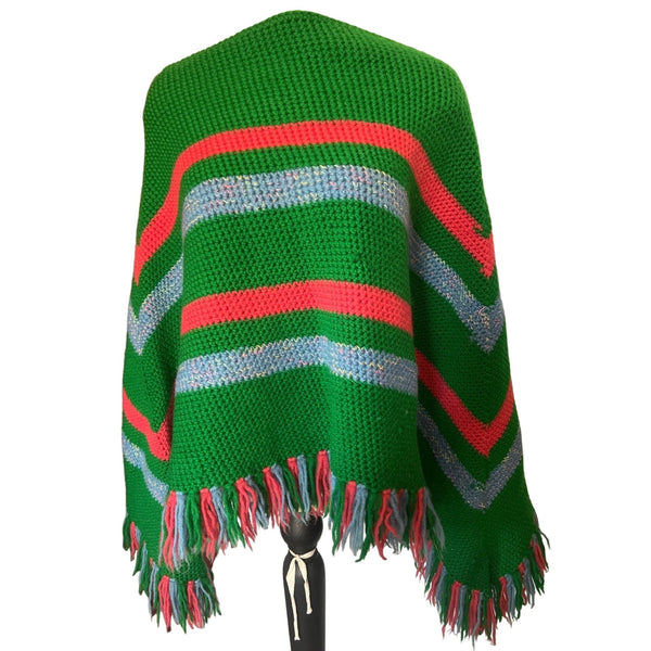Vintage Knit Pashmina Poncho Shawl One Size Green with Pink & Blue Stripes