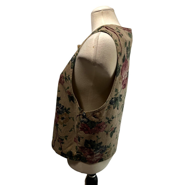 Vintage Vivaldi Cottage Core Floral Button Down Vest Sz L Womens Beige Boho