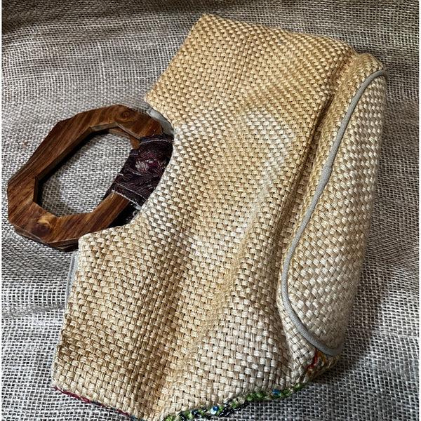 Sequined and Beaded Burlap Handbag with Wooden Handle Retro Style Boho Clutch Purse
