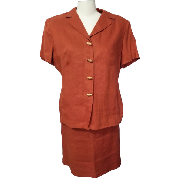 Plaza South Linen Vintage Skirt Set Sz 14 Petite by Plaza South Petite Burnt Orange Bamboo Buttons