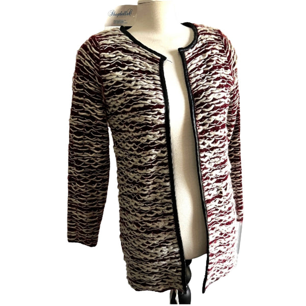 NWT My Beloved Cream & Burgundy Sz S/M Long Sleeve Woven Cardigan New With Tags