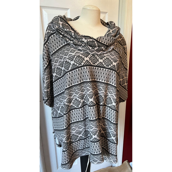 G Collection Tribal Cowl Neck Tunic Blouse Sz L Wide Short Sleeve Grey & Black Soft