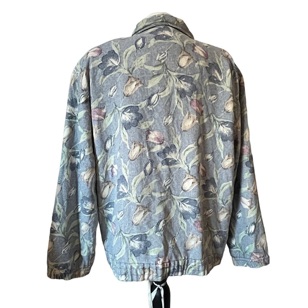 Vintage Vital Zone Silk Floral Cardigan Sz L Retro Zip Front Jacket