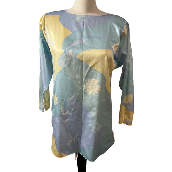 Vintage Miss Elaine Silky Floral Seventies Blouse Sz Small/Med Womens Yellow & Blue