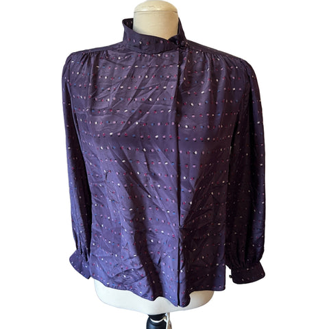 Vintage Prophecy Floral Silky Purple Librarian Blouse Sz L Appx (Unsized) Made in USA