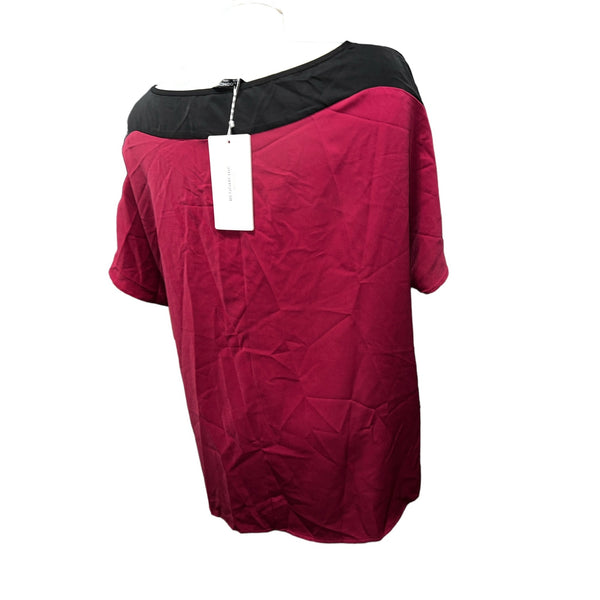 BloomChic NWT Round Neck Color Block Short Sleeve Blouse Sz L (12) Womens Burgundy Casual Career