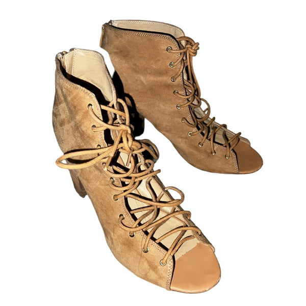 Chinese Laundry Lace Up Ankle Boots Sz 11 Womens Beige Suede 3" Chunky Wooden Heels