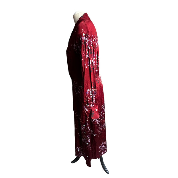 NWT Vince Forsythia Shaped-Collar Tie-Front Midi Dress Sz L Womens Burgundy Silk Floral Long Sleeve