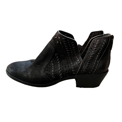 Vince Camuto Prasata Black Leather Ankle Boots Sz 8.5 Womens Woven Zip Side Black