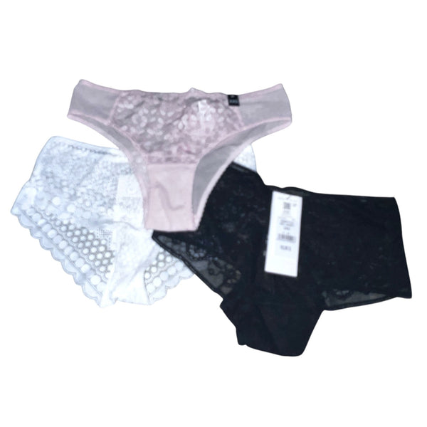 Etam Womens Lace Panty Set XXS 3-Pack Floral & Sheer Design Black Pink White