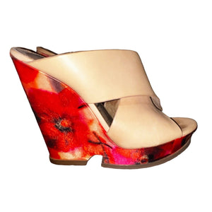 Sam Edelman Jorgla Red Floral Wedge Heels Sz 9 M Leather Open Toe Heels 5"