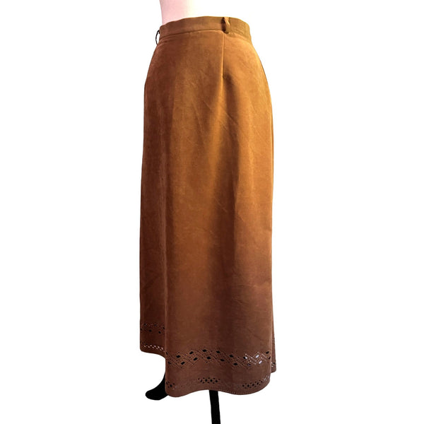 Vintage Bagatelle Tan Eyelet Cut Maxi Skirt Sz 14P Boho Zipper Back with Button Suede Feel