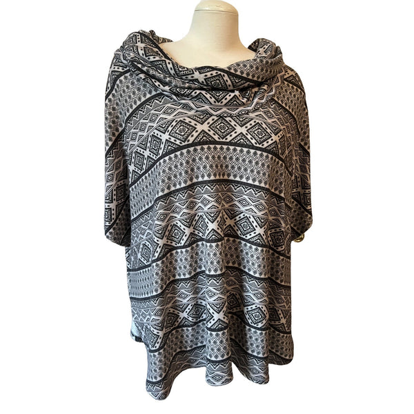G Collection Tribal Cowl Neck Tunic Blouse Sz L Wide Short Sleeve Grey & Black Soft