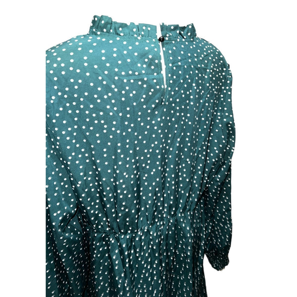 BloomChic NWT Polka Dot Mock Neck Shirred Sleeve Midi Dress Sz 2XL Womens Plus Green Pockets