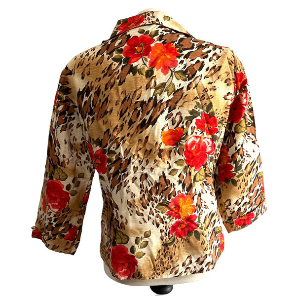 Vintage Silk Land Beaded Floral Button Down Shirt Sz L Cheetah Print & Floral