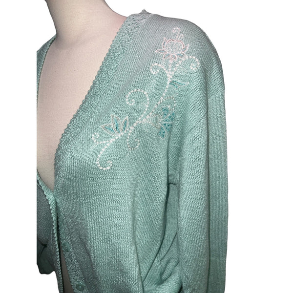 Vintage Southern Lady Deep V Neck Knit Embroidered Cardigan Sz M Womens Aquamarine Green Long Sleeve