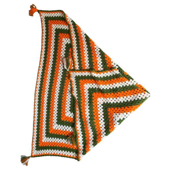Vintage Crochet Afghan Blanket 64" x 55" Handmade Throw Quilt White Orange Green Retro 70's