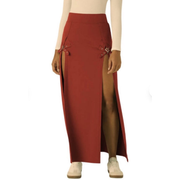 Halara High Waisted Decorative Buckle Split 2-in-1 Maxi Casual Skirt Sz Medium Red