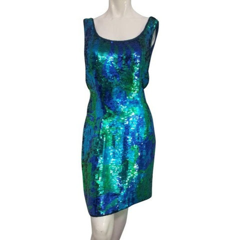 Vintage Sequined Beaded Formal Cocktail Dress Sz XL by Sean Blue & Green Dazzling Homecoming Prom
