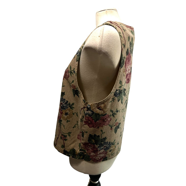 Vintage Vivaldi Cottage Core Floral Button Down Vest Sz L Womens Beige Boho