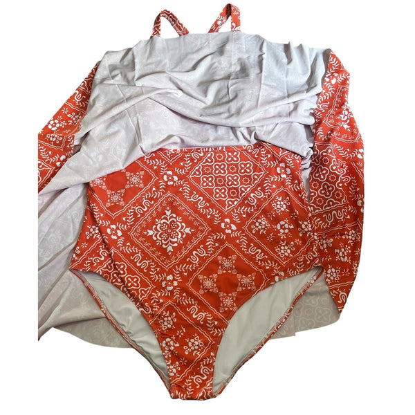 BloomChic NWT Coral Bandana Crisscross Ruffle Surplice Neck Swim Dress Size 18/20 (2XL) Womens Orange