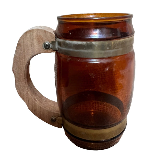 Set of 5 Vintage 1960s Siesta Ware Amber Glass Barware Barrel Mugs w/ Wooden Handle