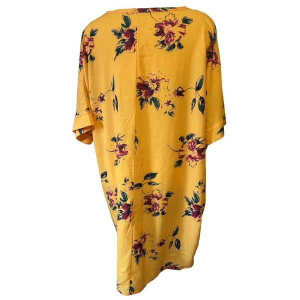 Flowy Yellow Floral Sheath Dress Unsized appx 1x short sleeve Scoop Neck
