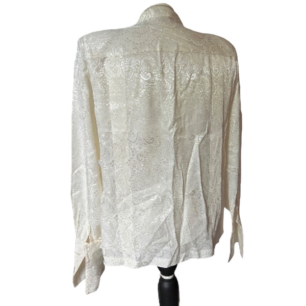 Vintage Liz Claiborne Pleated Front Collared Silky Blouse Sz 8 Off White Shoulder Pads