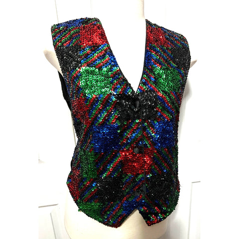 Vintage Sequined Vest by Theo sz Medium Womens Red Blue and Green Sparkly Sleeveless