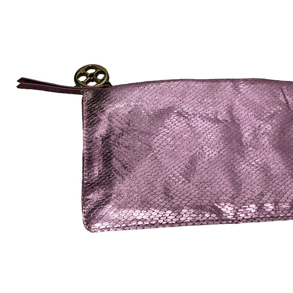 IMAN Shiny Metallic Snake Skin Make Up Carrier Clutch Bag with Golden Handle and Zipper