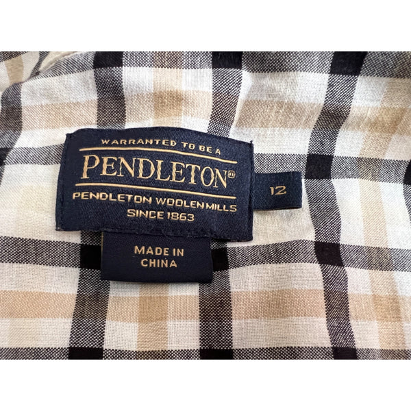 Pendleton Plaid Mini Dress Sz 12 Womens Navy Blue Tan Short Sleeve Button Front