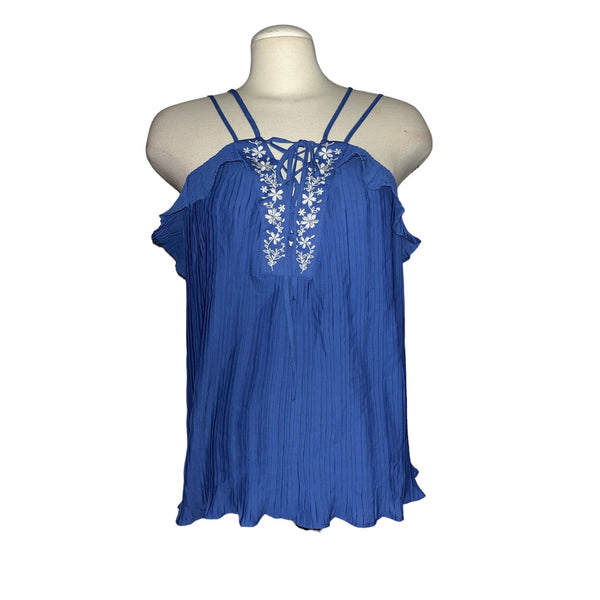 Takara NWT Blue Strappy Boho Embroidered Floral Tank Top Sz Large Womens Ruffle Top
