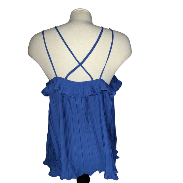 Takara NWT Blue Strappy Boho Embroidered Floral Tank Top Sz Large Womens Ruffle Top