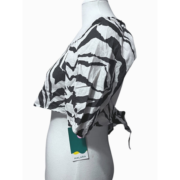 Halara Square Neck Puff Sleeve Backless Tie Back Zebra Stripe Print Crop Top Sz Medium Cotton Blouse