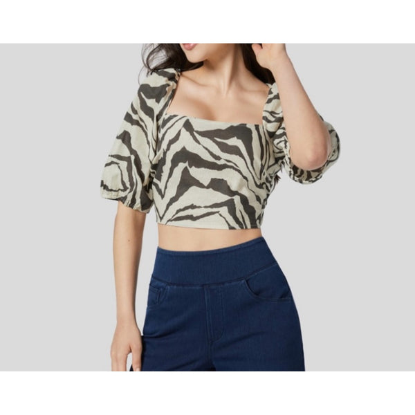 Halara Square Neck Puff Sleeve Backless Tie Back Zebra Stripe Print Crop Top Sz Medium Cotton Blouse