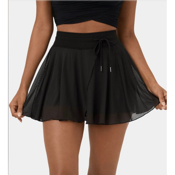 Halara Drawstring Contrast Mesh 2-in-1 Skirt Sz Medium Womens Black Flowy Dance Mini Flare