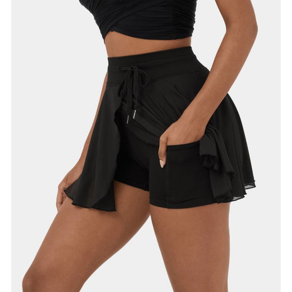 Halara Drawstring Contrast Mesh 2-in-1 Skirt Sz Medium Womens Black Flowy Dance Mini Flare