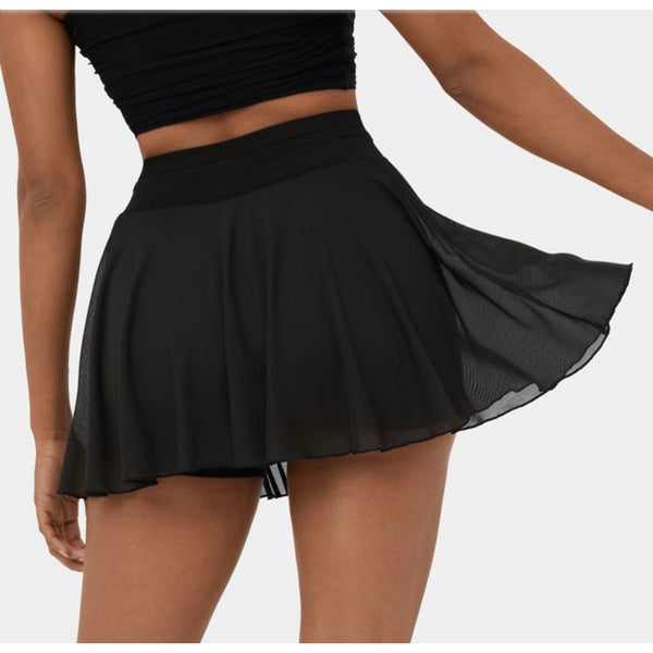 Halara Drawstring Contrast Mesh 2-in-1 Skirt Sz Medium Womens Black Flowy Dance Mini Flare