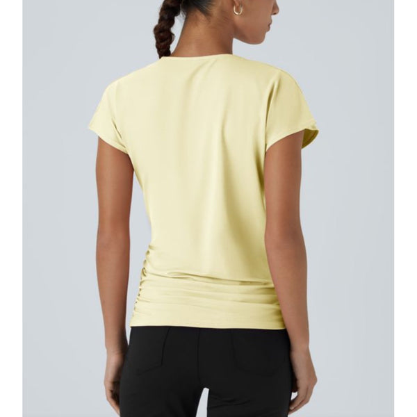 Halara V Neck Cap Sleeve Crossover Ruched Solid Work Blouse Sz Medium Womens Yellow