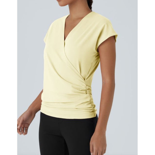 Halara V Neck Cap Sleeve Crossover Ruched Solid Work Blouse Sz Medium Womens Yellow