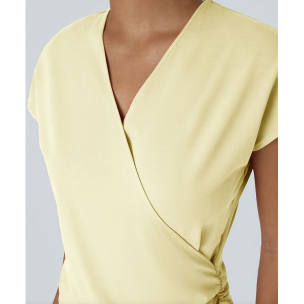 Halara V Neck Cap Sleeve Crossover Ruched Solid Work Blouse Sz Medium Womens Yellow