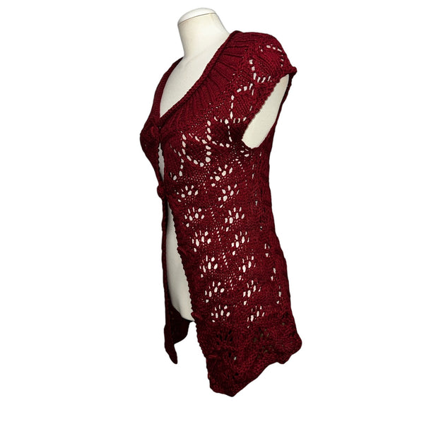 Coldwater Creek Open Chunky Knit Cap Sleeve Button Front Cardigan Sz XS (4) Womens Red