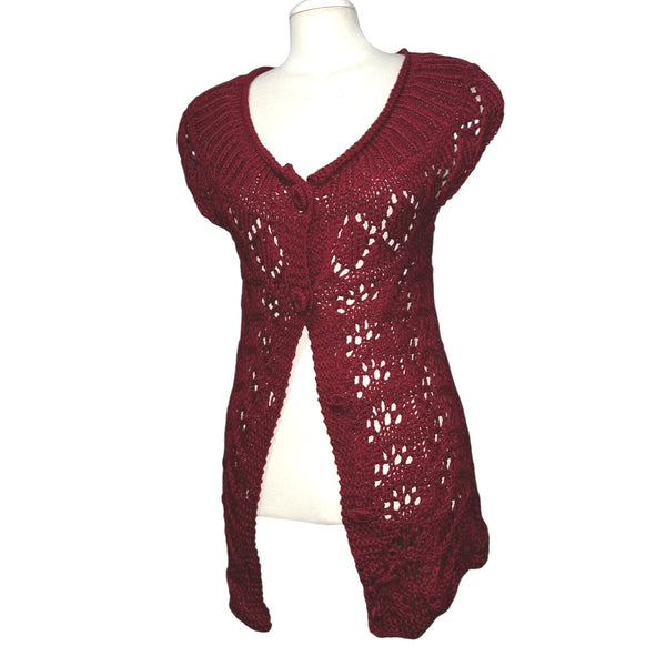 Coldwater Creek Open Chunky Knit Cap Sleeve Button Front Cardigan Sz XS (4) Womens Red