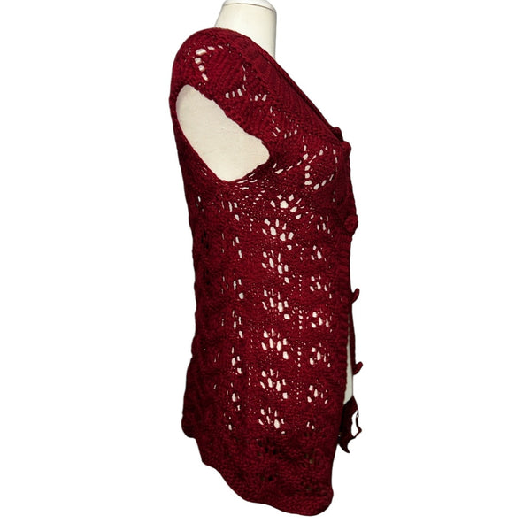 Coldwater Creek Open Chunky Knit Cap Sleeve Button Front Cardigan Sz XS (4) Womens Red